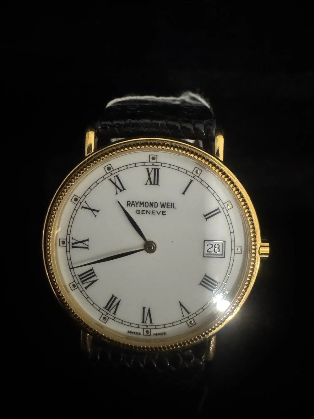 #137 Raymond Weil Gold Case White Dial Watch with Black Leather Strap